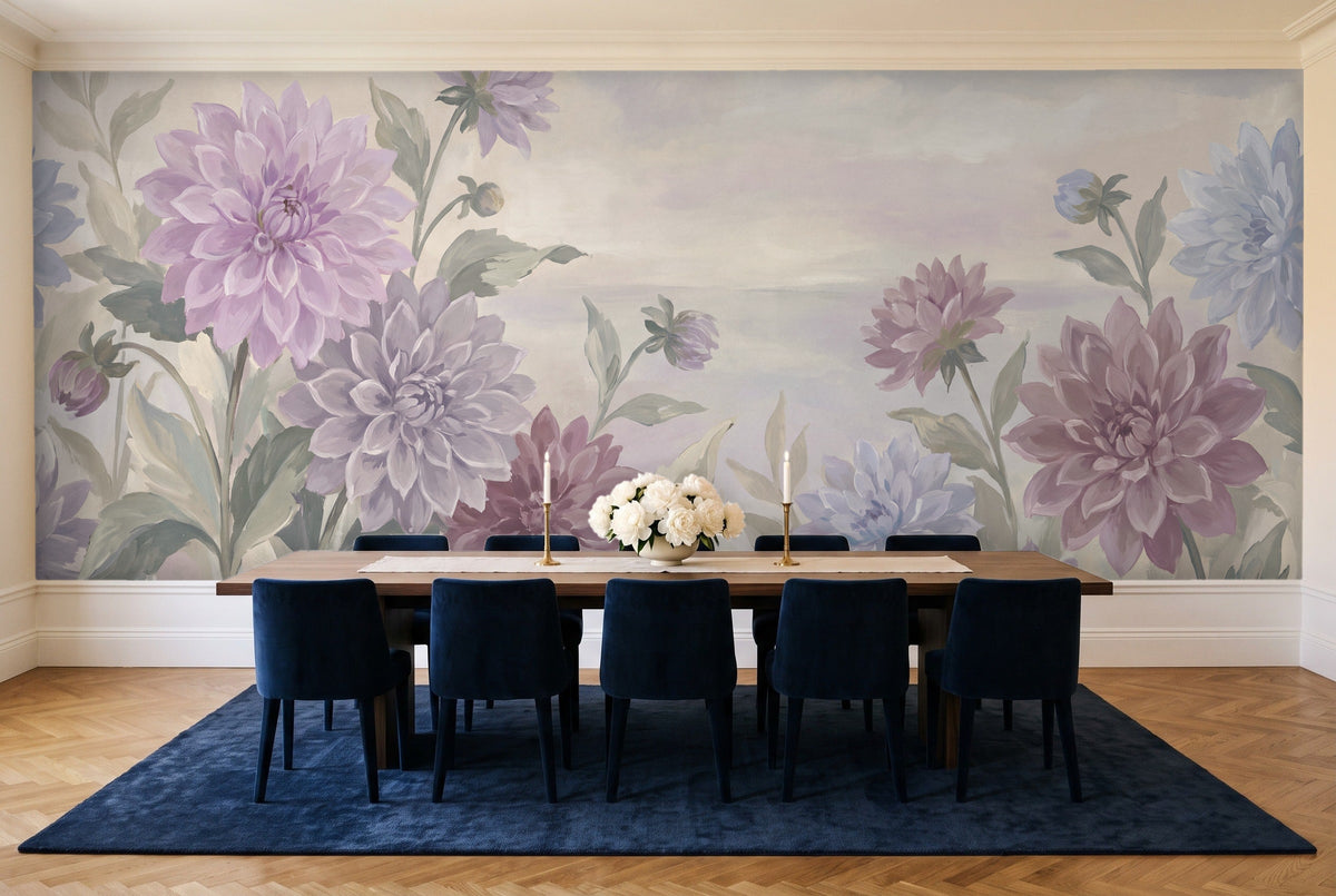 Lilac Dahlia Floral Mural in a dining room
