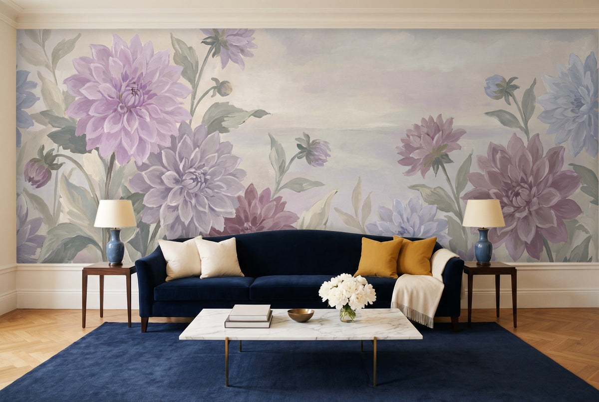 Lilac Dahlia Floral Mural in a living room