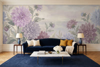 Lilac Dahlia Floral Mural in a living room