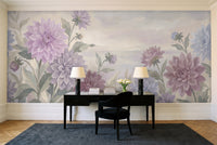 Lilac Dahlia Floral Mural in a home office