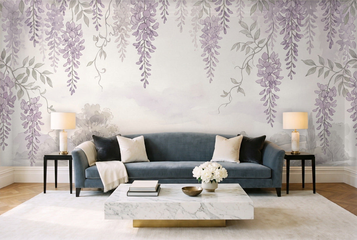 Lilac Wisteria Floral Mural in a living room