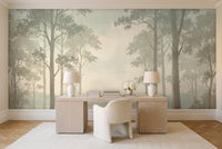 Mint Forest Landscape Mural in a home office