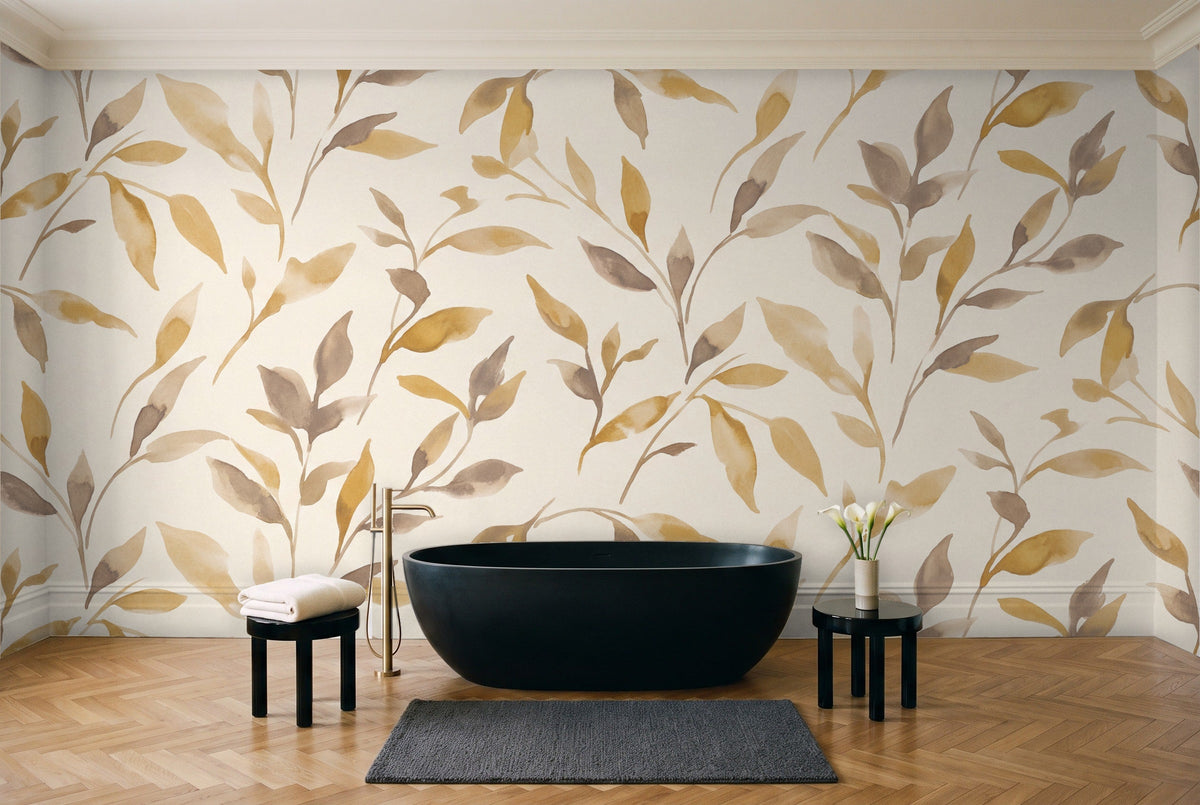 Mustard Leaf Botanical Mural in a bathroom