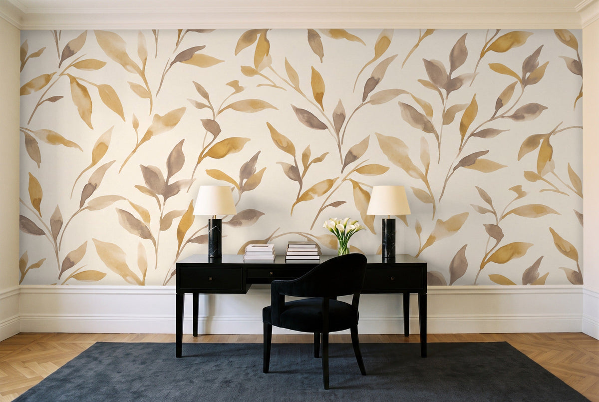 Mustard Leaf Botanical Mural in a home office