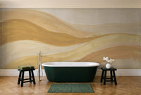 Mustard Wave Abstract Mural in a bathroom