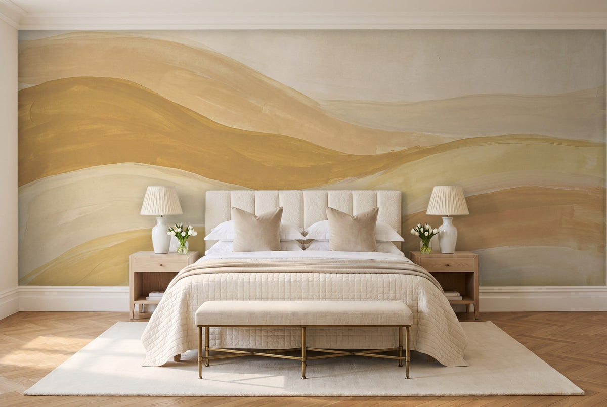 Mustard Wave Abstract Mural in a bedroom