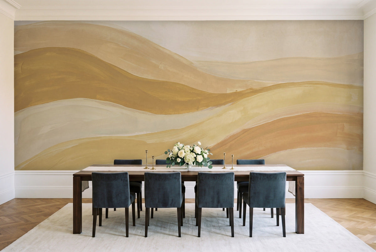 Mustard Wave Abstract Mural in a dining room