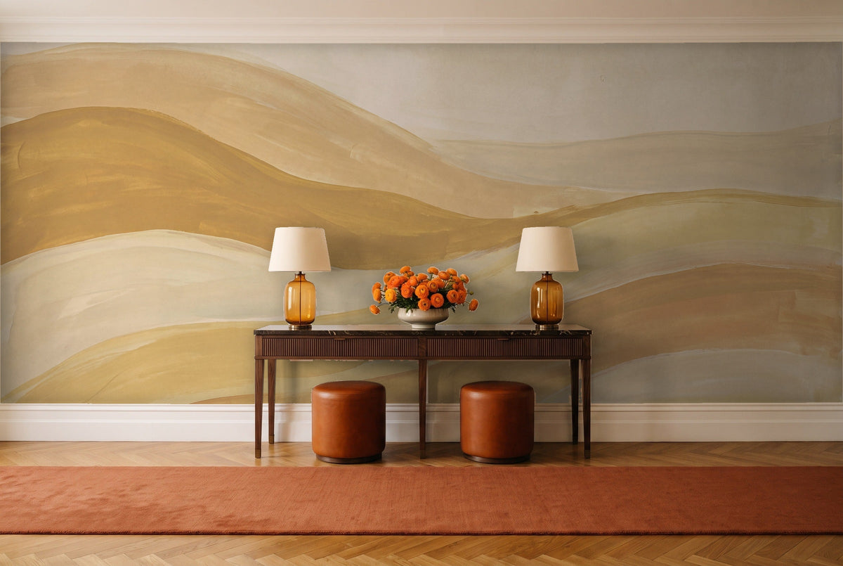 Mustard Wave Abstract Mural in an entryway