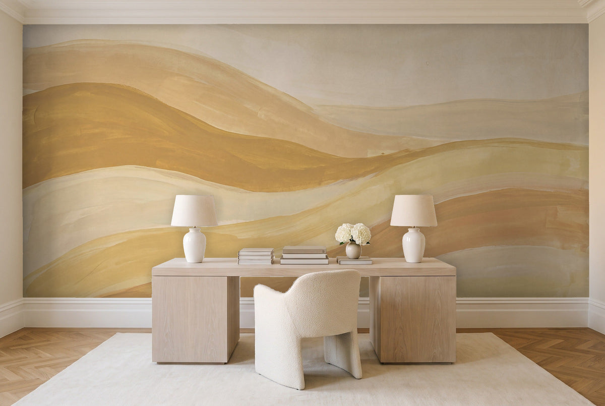Mustard Wave Abstract Mural in a home office