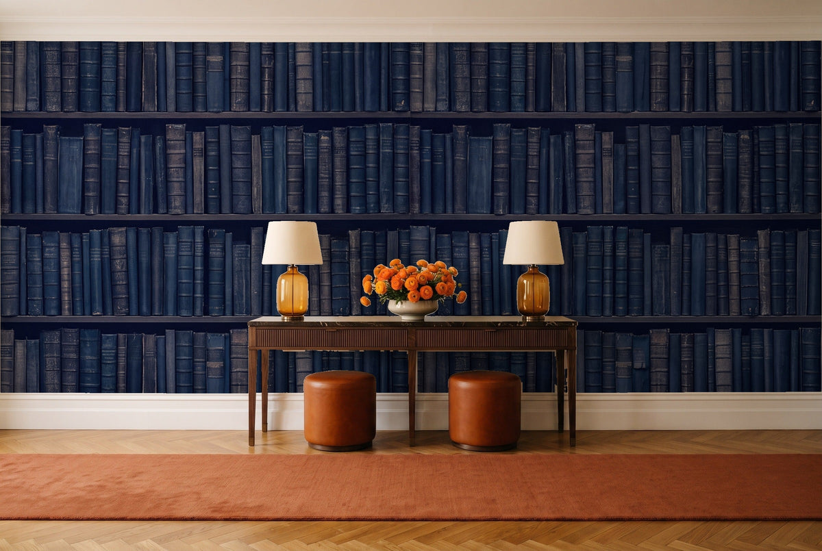Navy Bookshelf Library Mural in an entryway