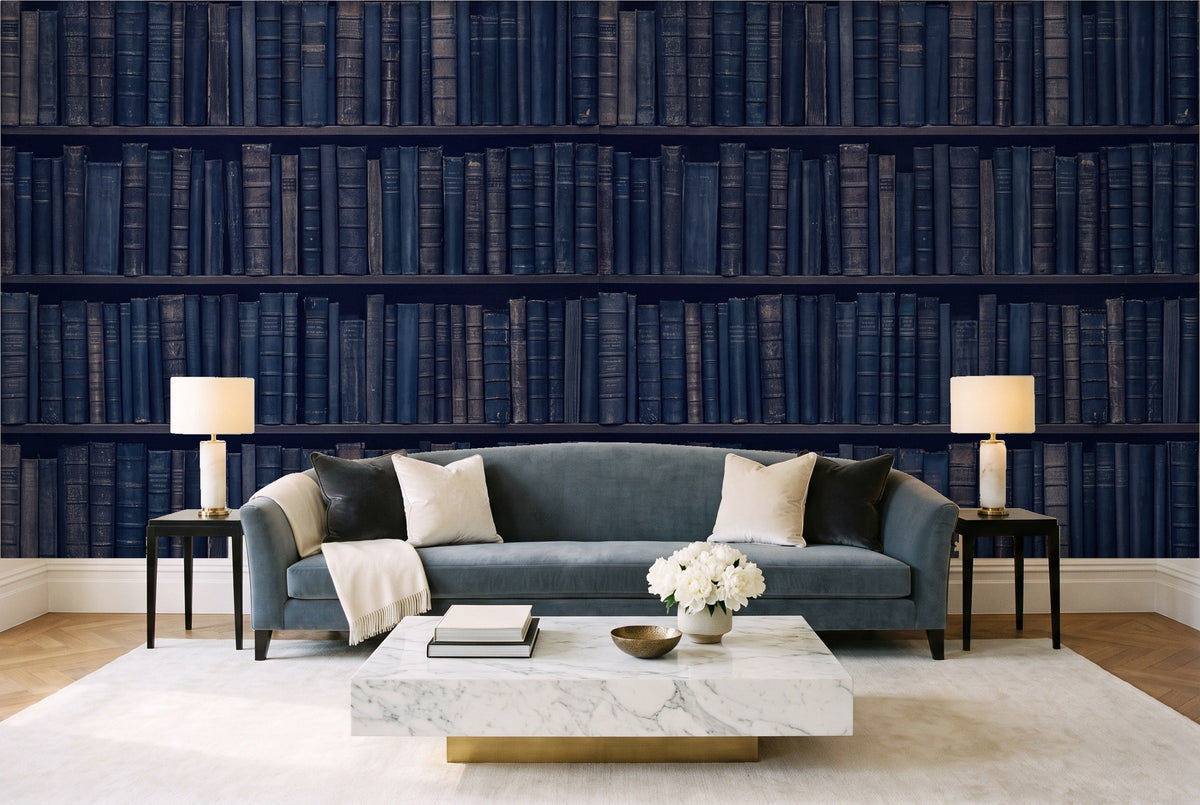 Navy Bookshelf Library Mural in a living room