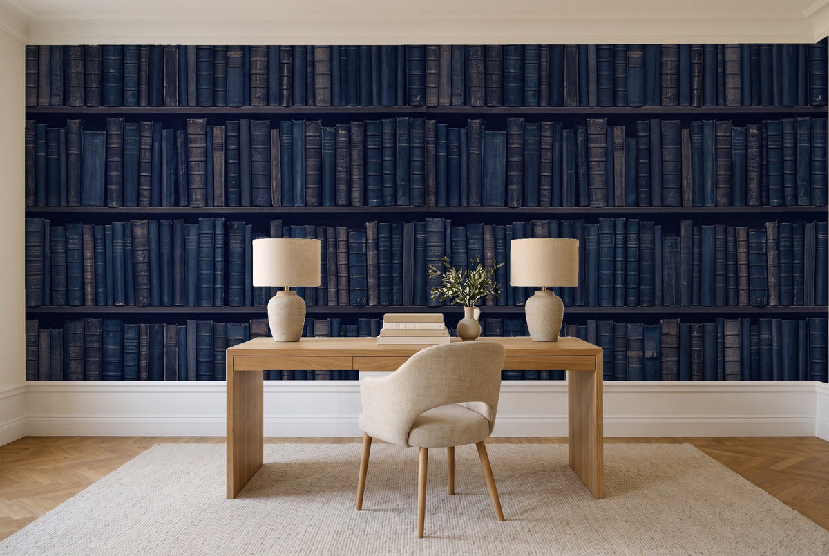 Navy Bookshelf Library Mural in a home office