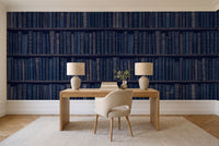 Navy Bookshelf Library Mural in a home office