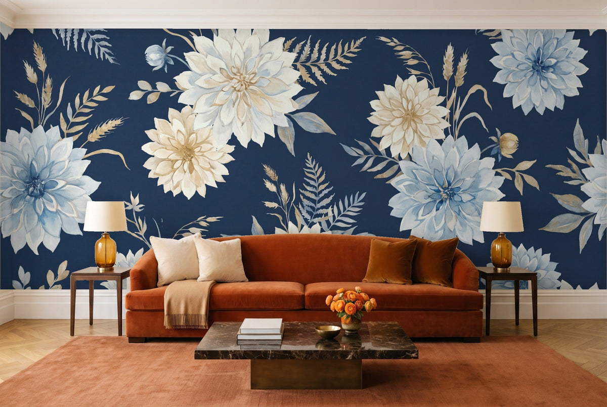 Navy Dahlia Floral Mural in a living room
