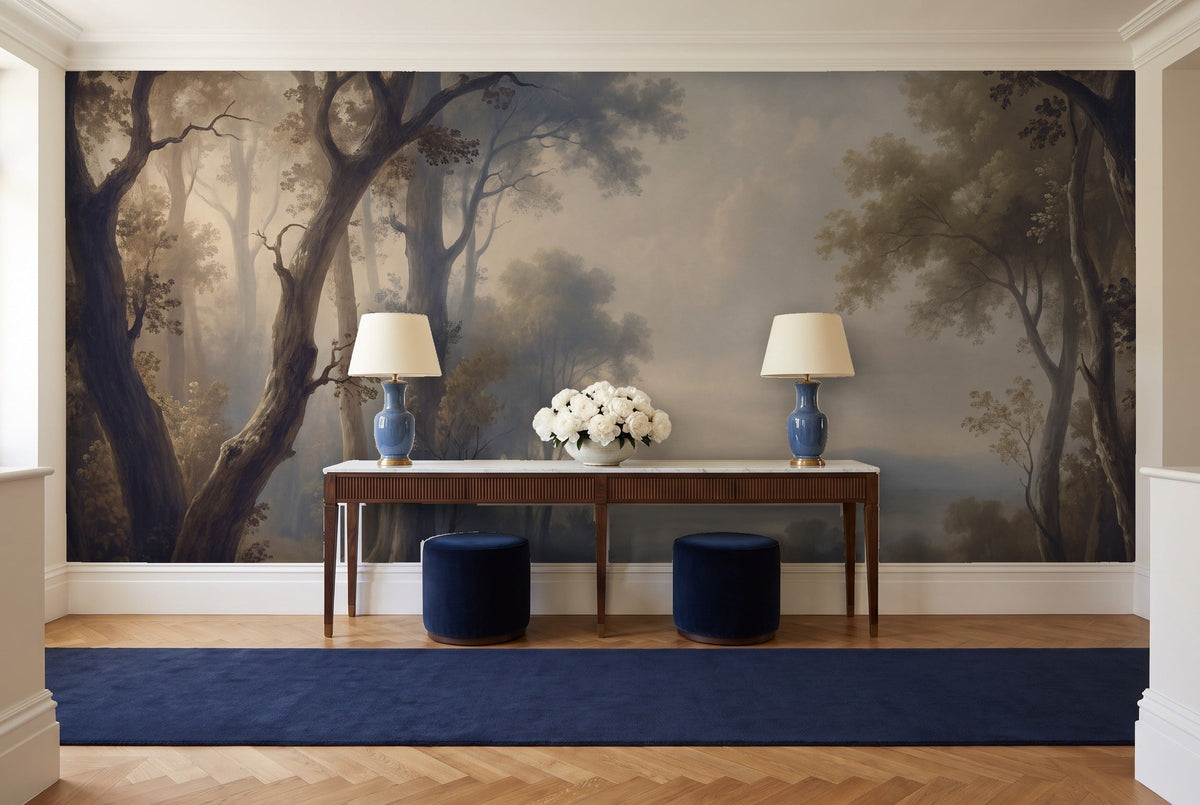 Navy Forest Landscape Mural in an entryway