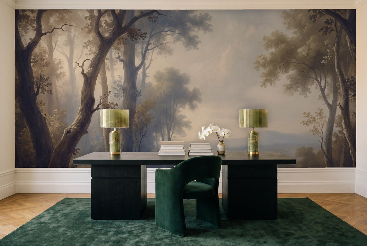 Navy Forest Landscape Mural in a home office