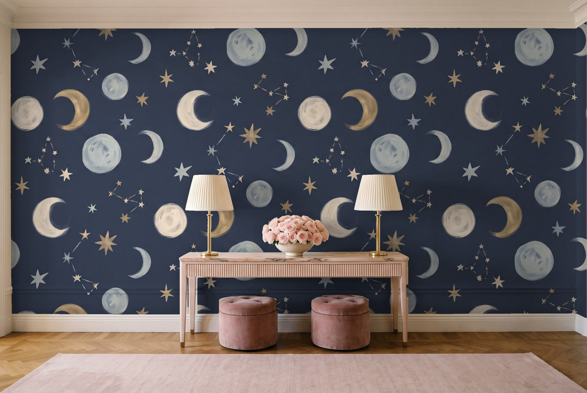Navy Moon Celestial Mural in an entryway