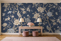 Navy Peony Floral Mural in an entryway