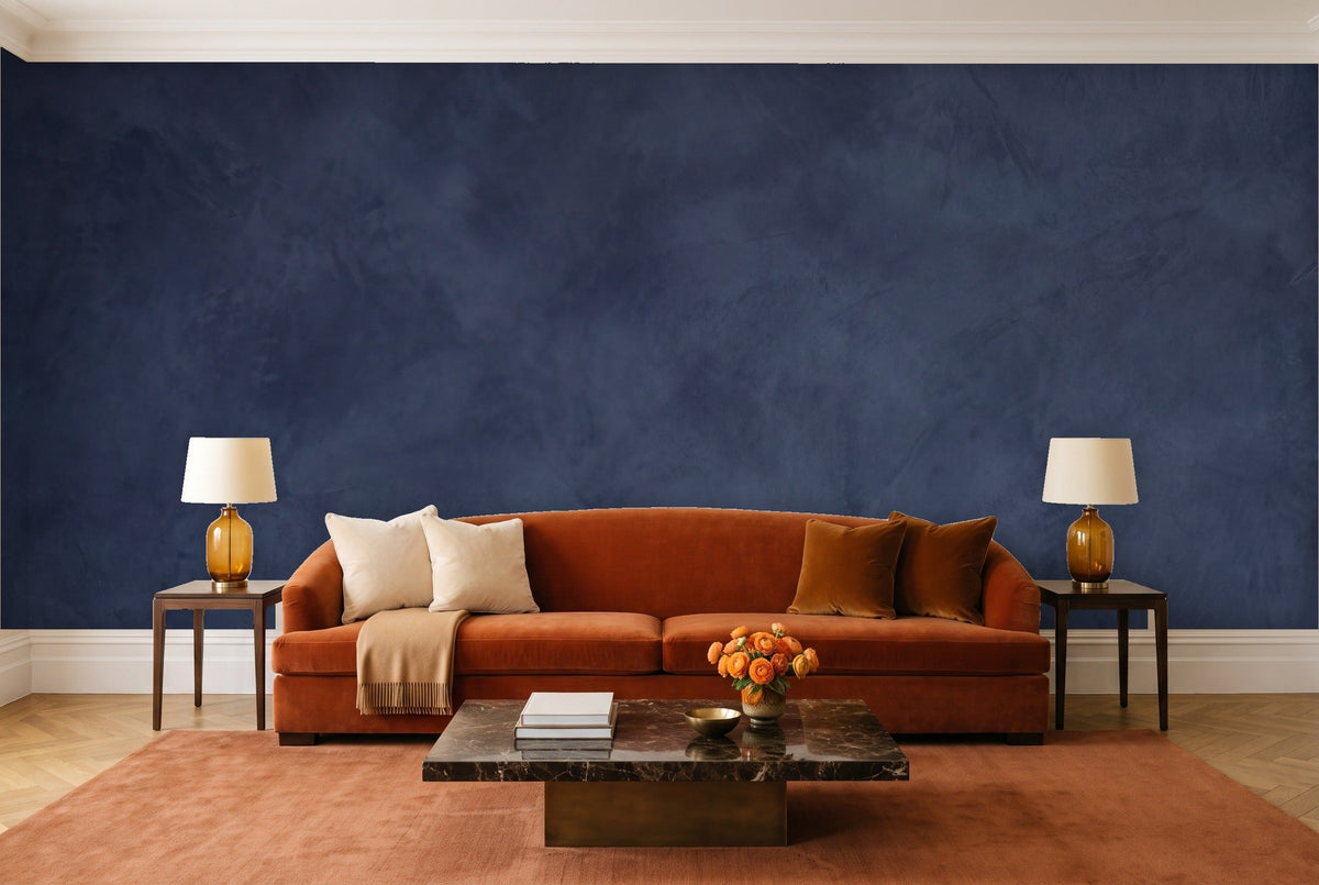 Navy Plaster Texture Mural in a living room