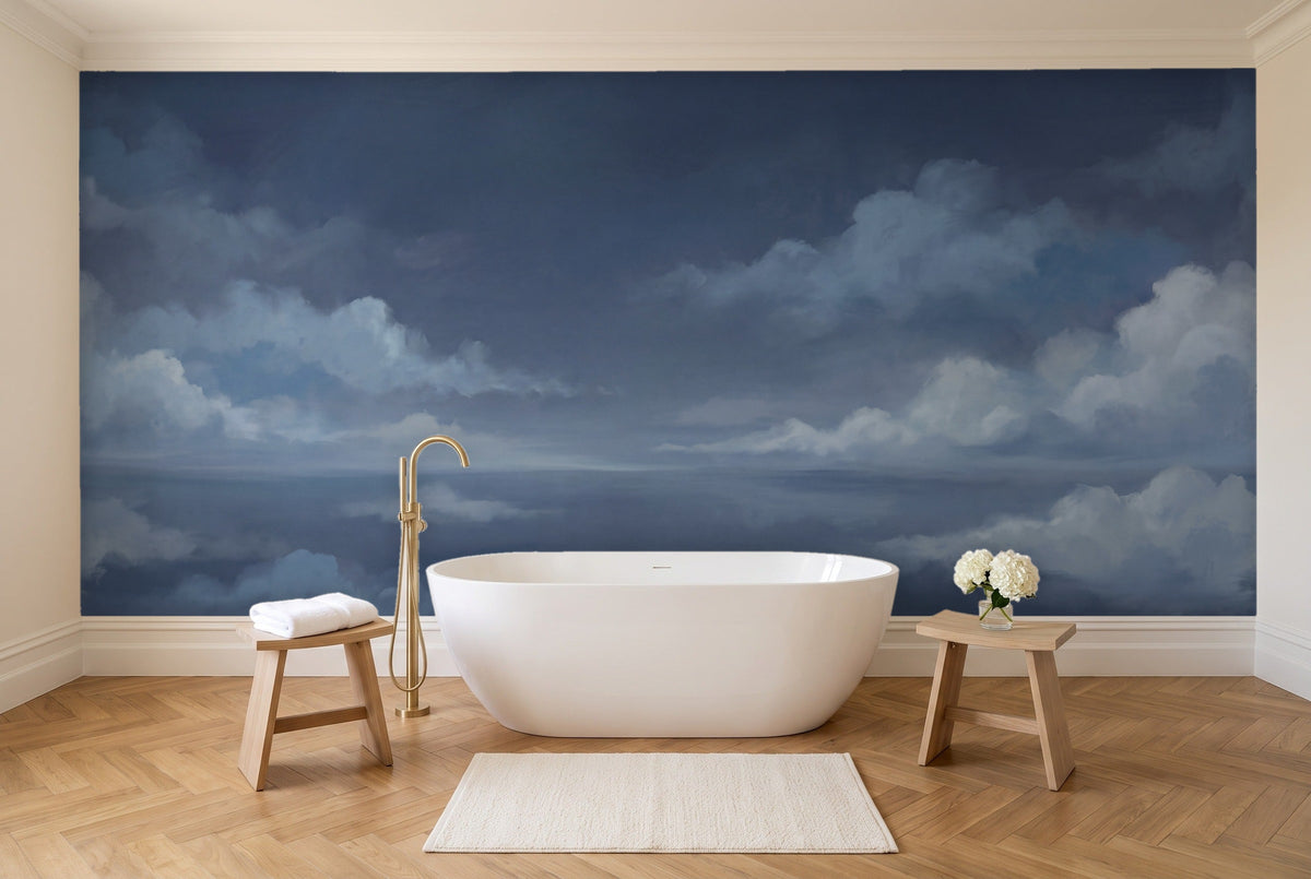 Navy Sky Landscape Mural in a bathroom