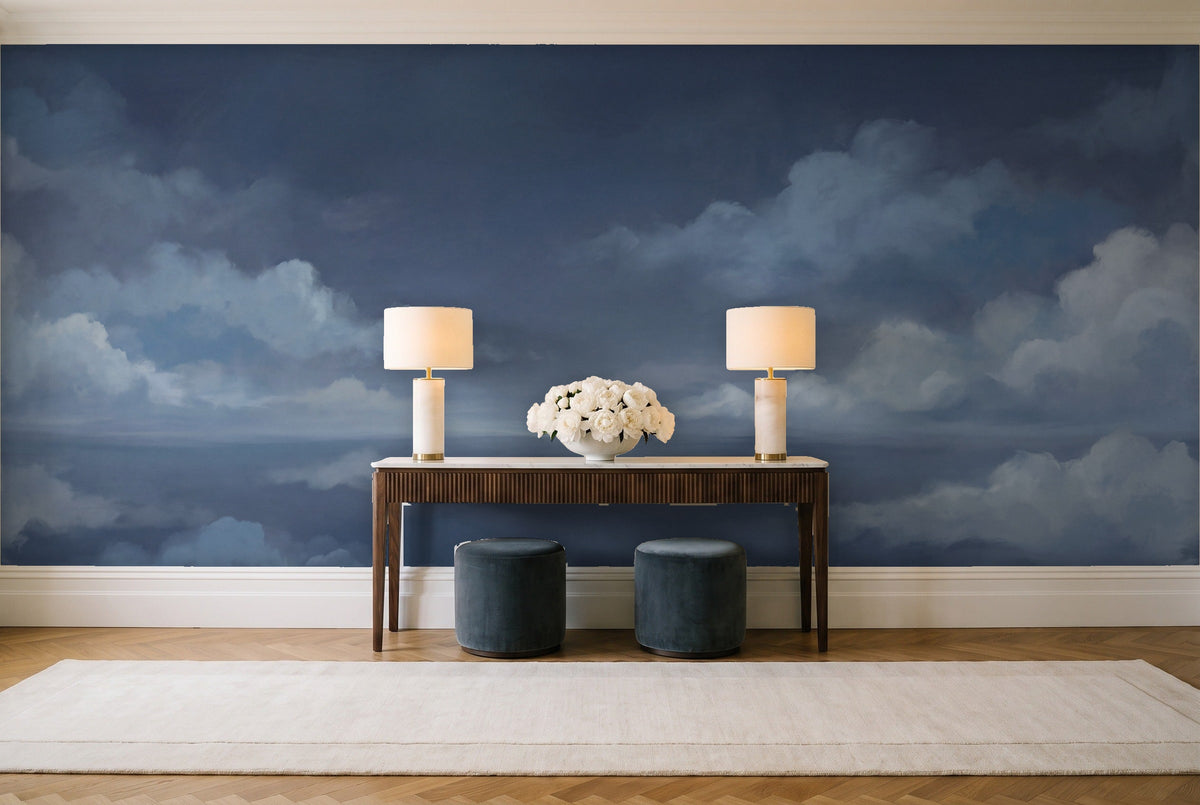 Navy Sky Landscape Mural in an entryway