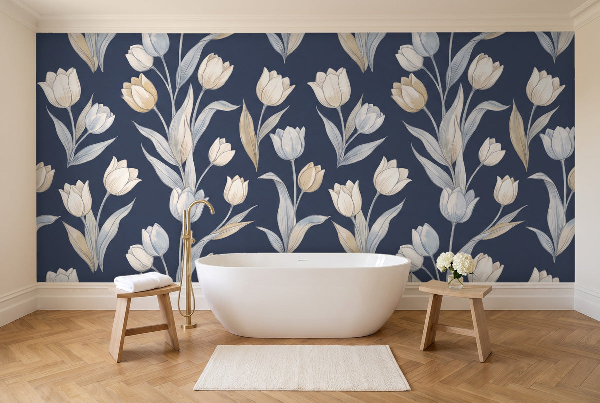 Navy Tulip Floral Mural in a bathroom