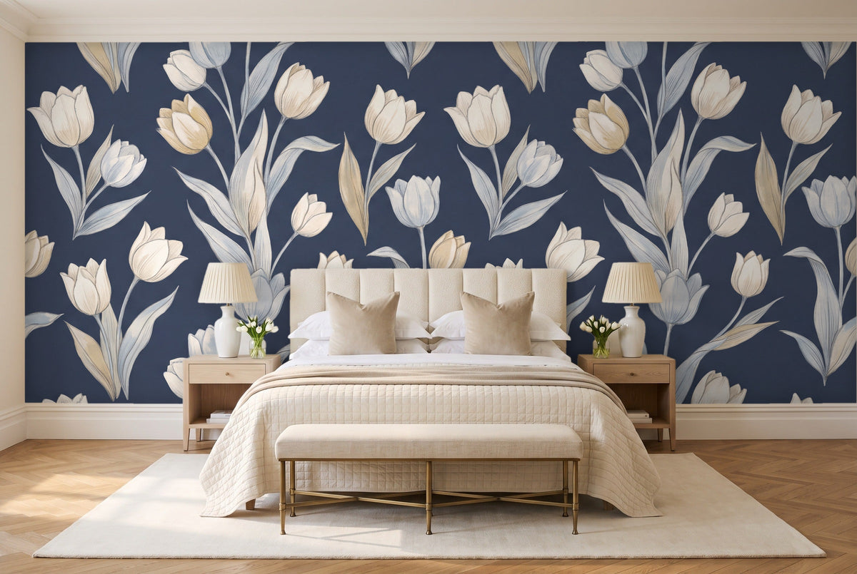 Navy Tulip Floral Mural in a bedroom
