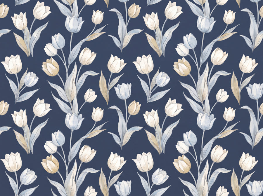 Navy Tulip Floral Mural, preview of the area printed on your wall