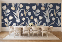 Navy Tulip Floral Mural in a dining room