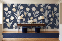 Navy Tulip Floral Mural in an entryway