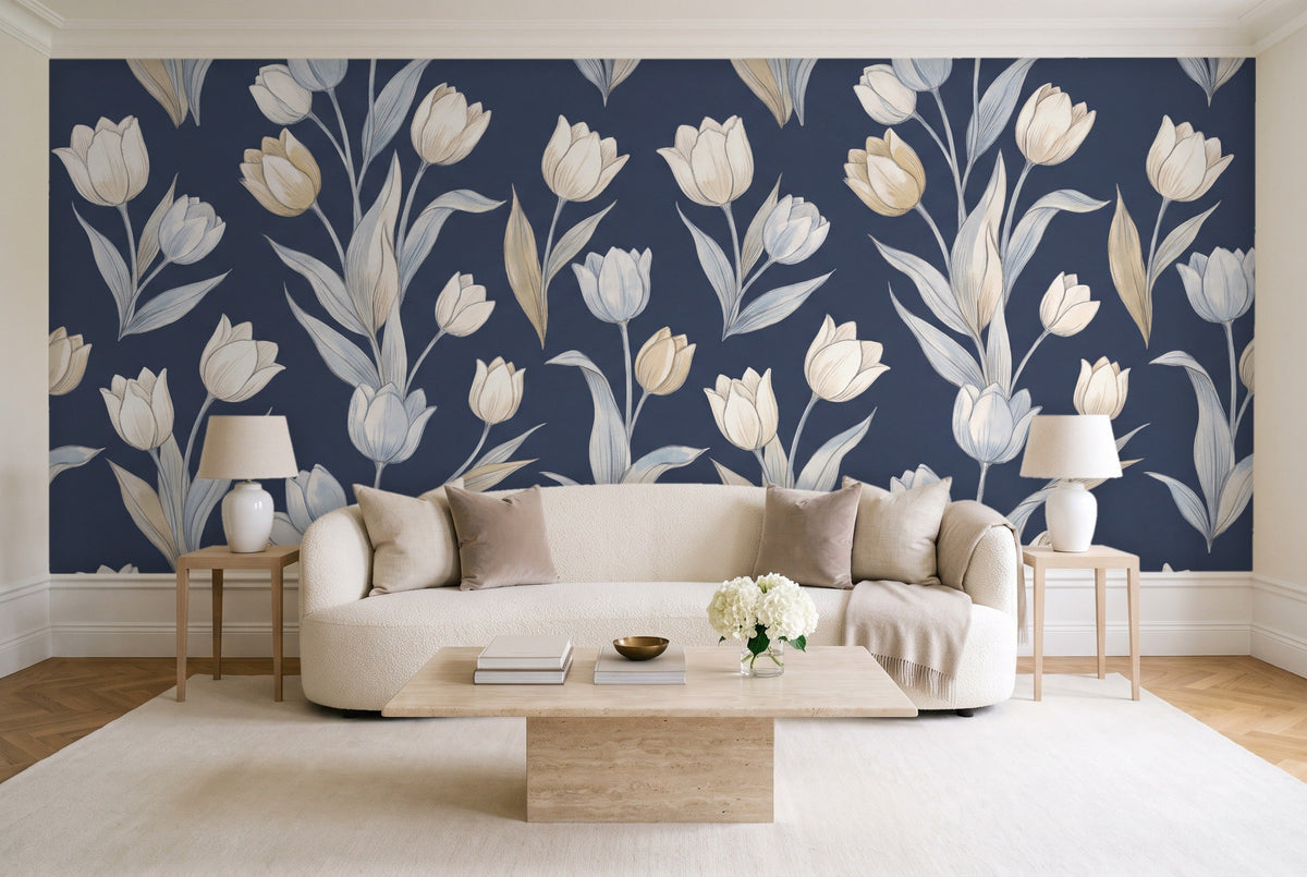 Navy Tulip Floral Mural in a living room