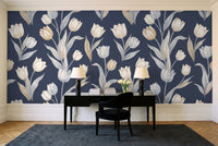 Navy Tulip Floral Mural in a home office