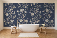 Navy Vine Botanical Mural in a bathroom