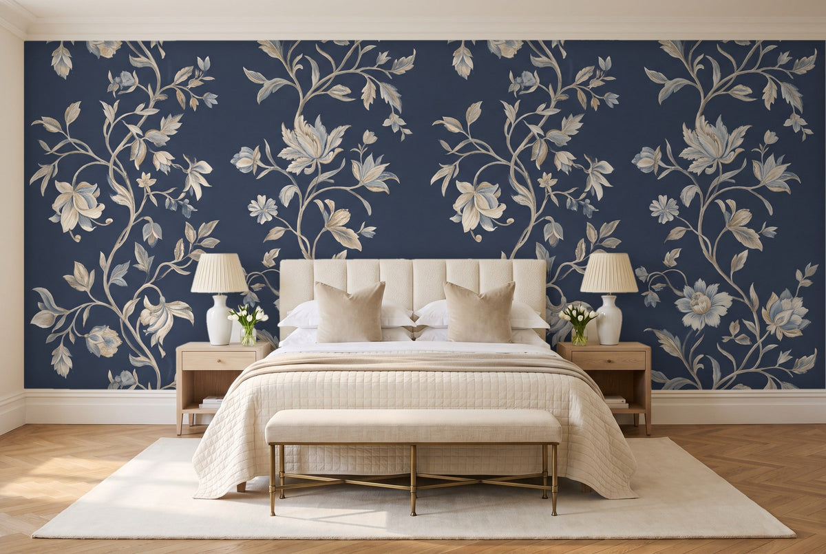 Navy Vine Botanical Mural in a bedroom