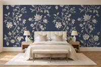 Navy Vine Botanical Mural in a bedroom