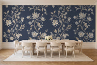 Navy Vine Botanical Mural in a dining room