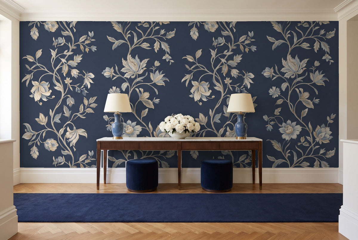 Navy Vine Botanical Mural in an entryway