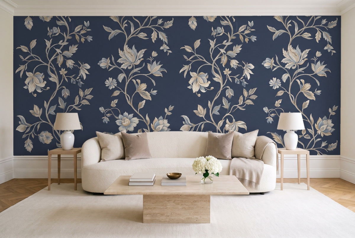 Navy Vine Botanical Mural in a living room