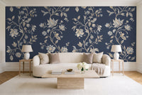 Navy Vine Botanical Mural in a living room