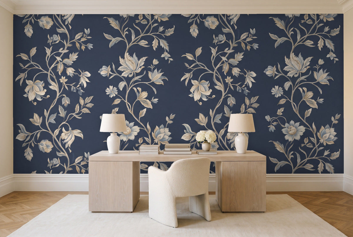 Navy Vine Botanical Mural in a home office