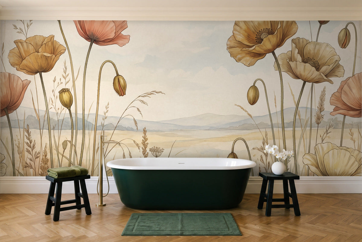 Ochre Poppy Floral Mural in a bathroom