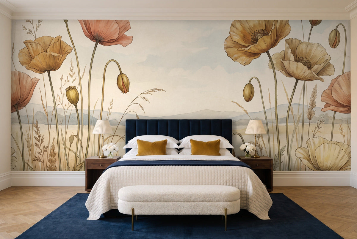 Ochre Poppy Floral Mural in a bedroom