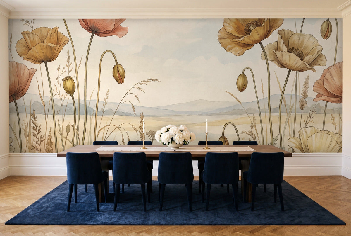 Ochre Poppy Floral Mural in a dining room