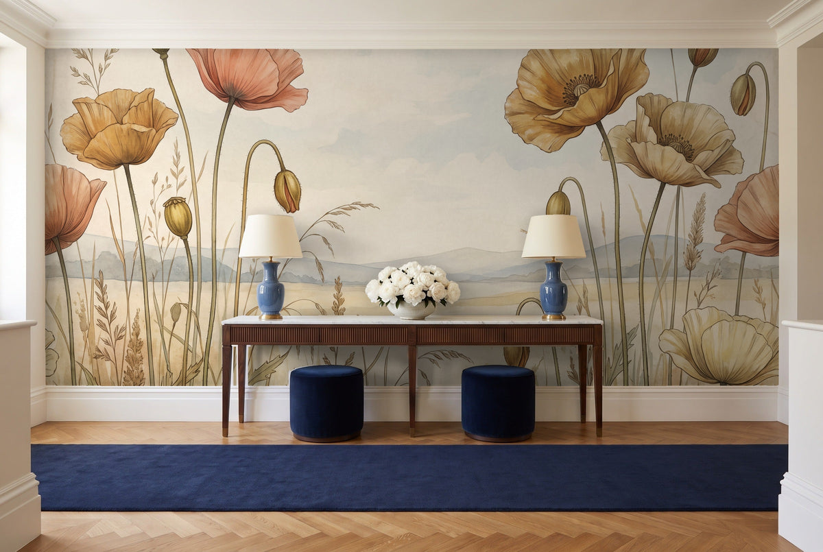 Ochre Poppy Floral Mural in an entryway