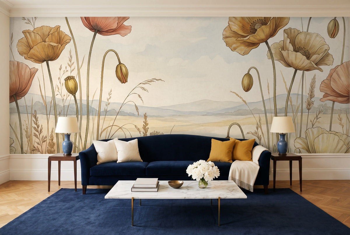 Ochre Poppy Floral Mural in a living room