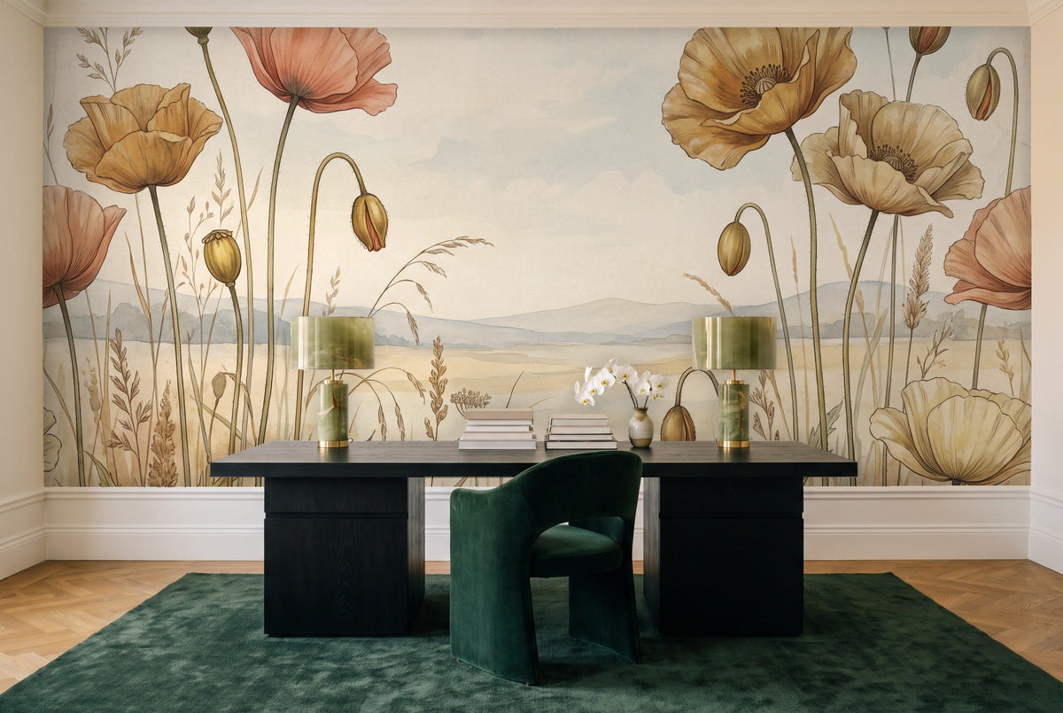 Ochre Poppy Floral Mural in a home office