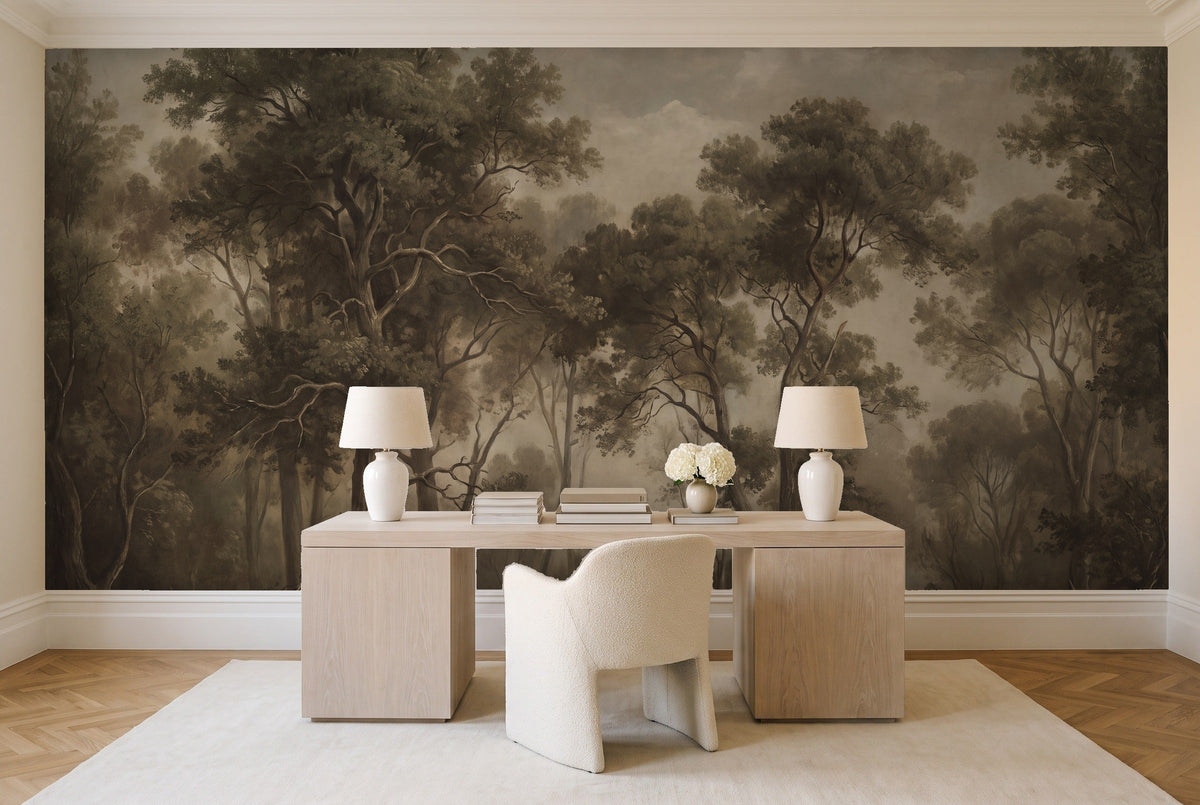 Olive Forest Landscape Mural in a home office