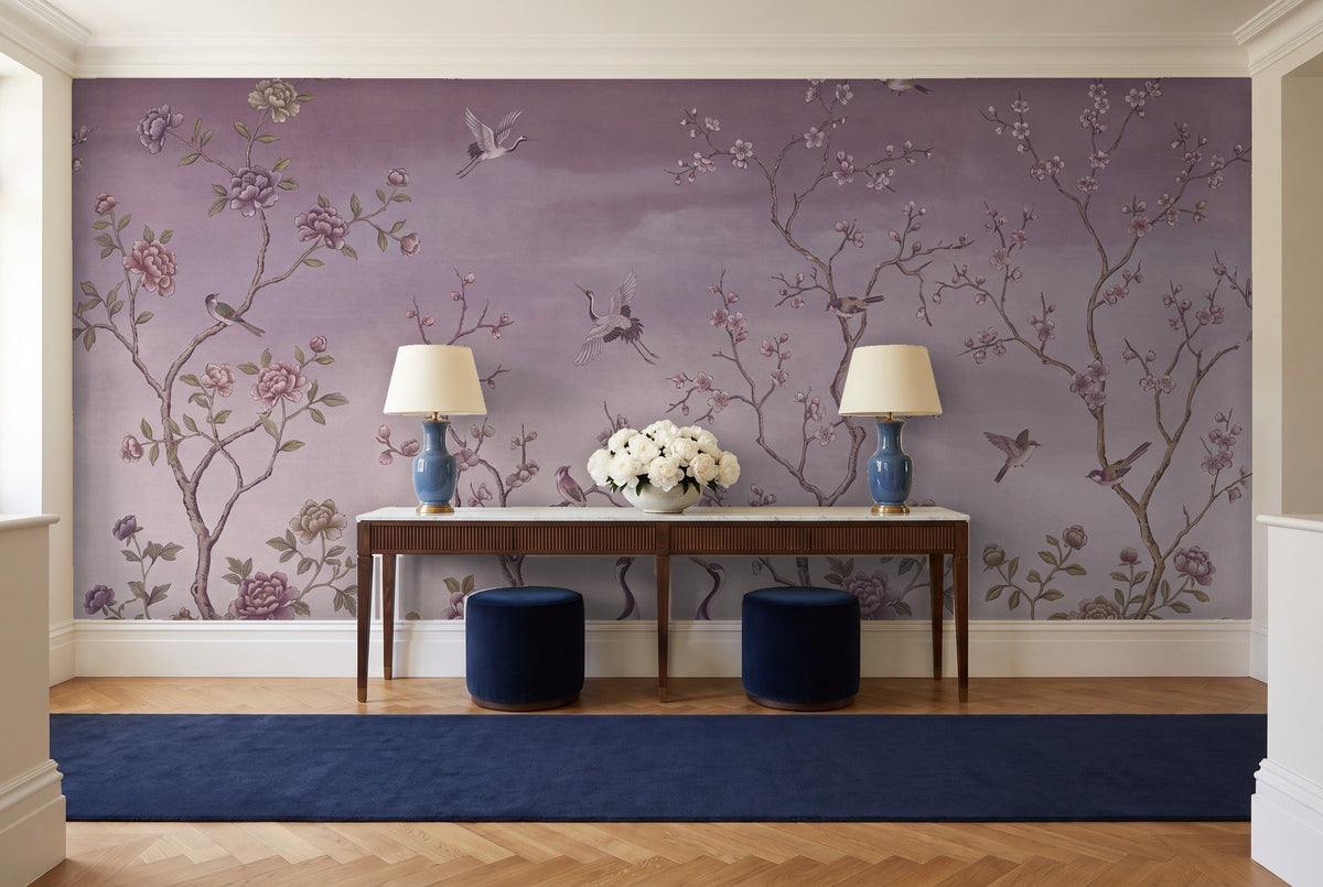 Purple Chinoiserie Garden Chinoiserie Mural in an entryway
