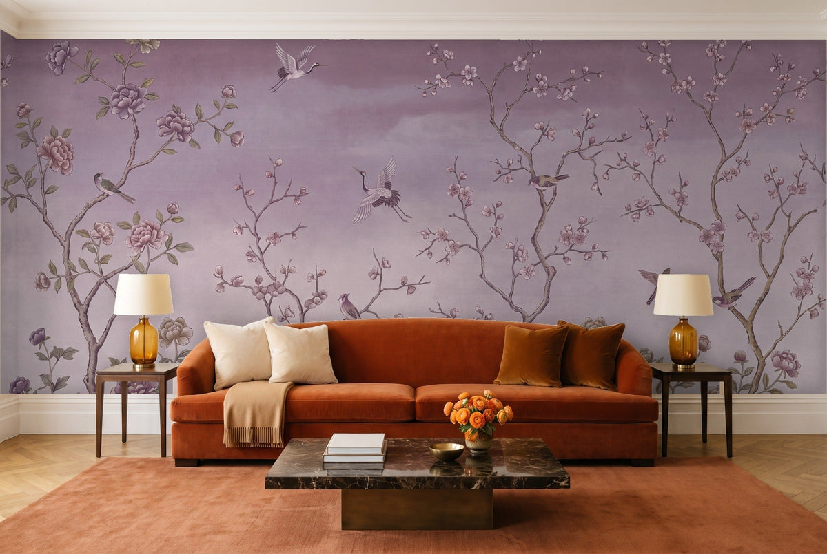 Purple Chinoiserie Garden Chinoiserie Mural in a living room