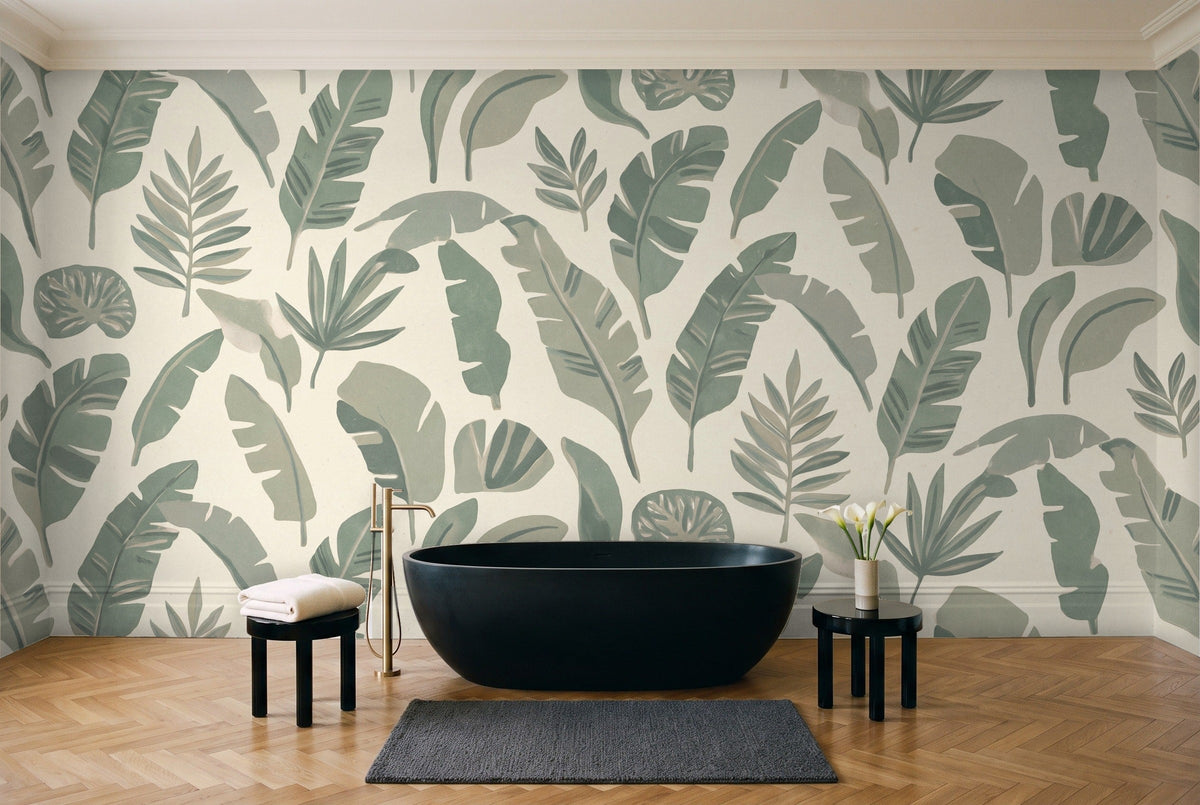 Sage Banana Leaf Tropical Mural in a bathroom